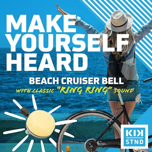 Woman on beach with bicycle and bell advertisement