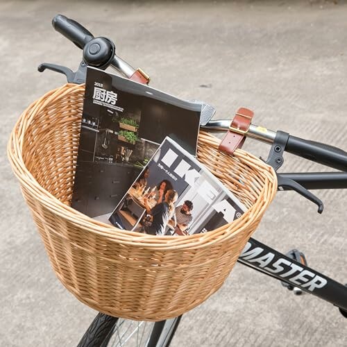 Bicycle basket with magazines on handlebars