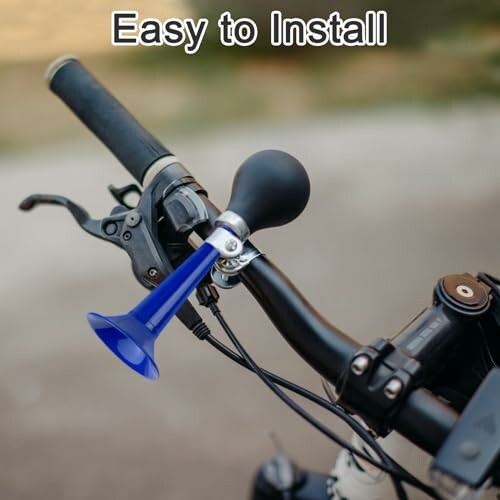 Bicycle handlebar with a blue horn labeled 'Easy to Install'.