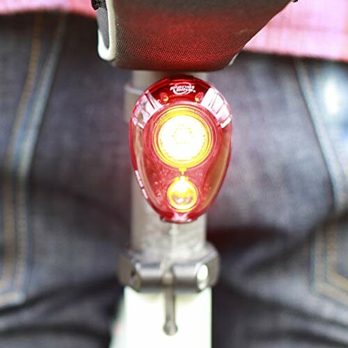 Close-up of a red bicycle rear light mounted on a seat post.