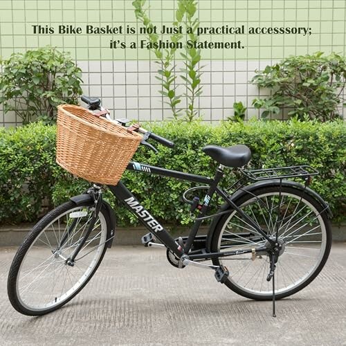 Bicycle with a wicker basket on a city street