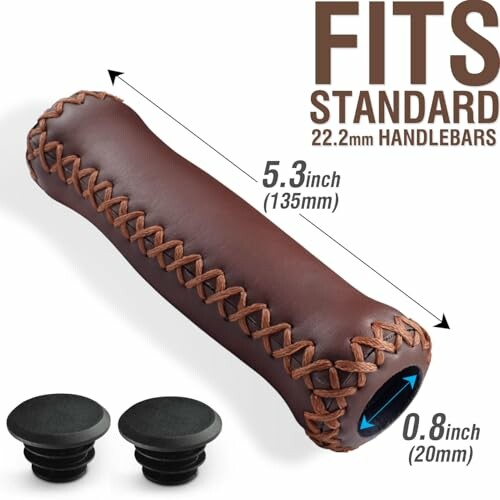 Brown leather bike handlebar grip with dimensions and end caps.