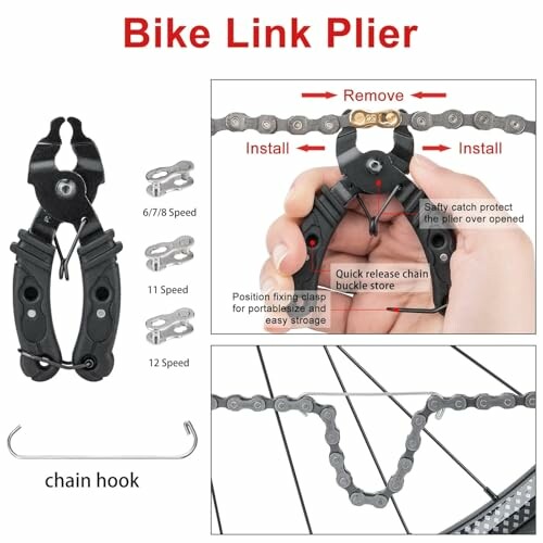 Bike link plier tool with chain link instructions