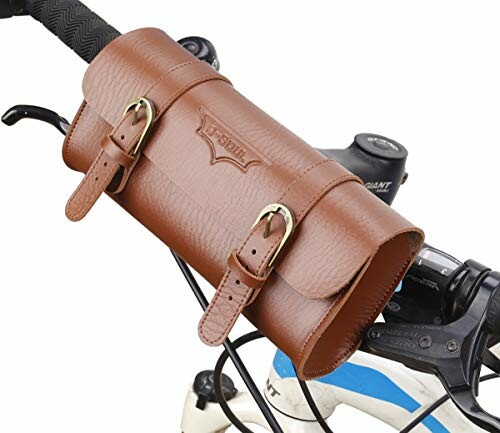 Brown leather handlebar bag on a bicycle.