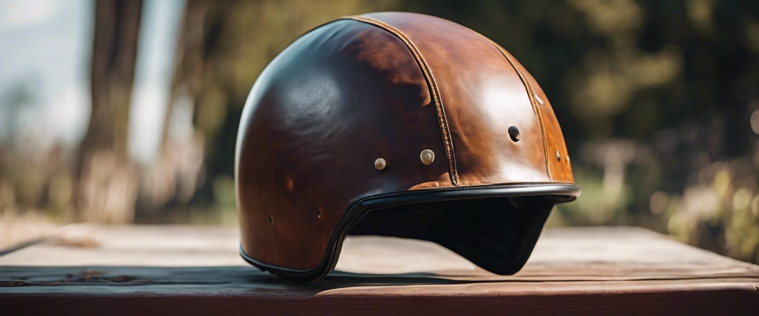 Close-up of a leather vintage bike helmet