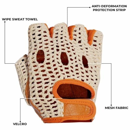 Cycling glove features labeled: wipe sweat towel, anti-deformation protection strip, mesh fabric, velcro.