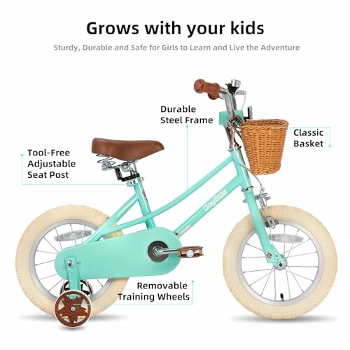 Children's bicycle with removable training wheels and basket.