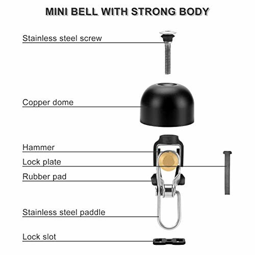 Components of a mini bell with strong body, including stainless steel screw, copper dome, hammer, lock plate, rubber pad, stainless steel paddle, and lock slot.