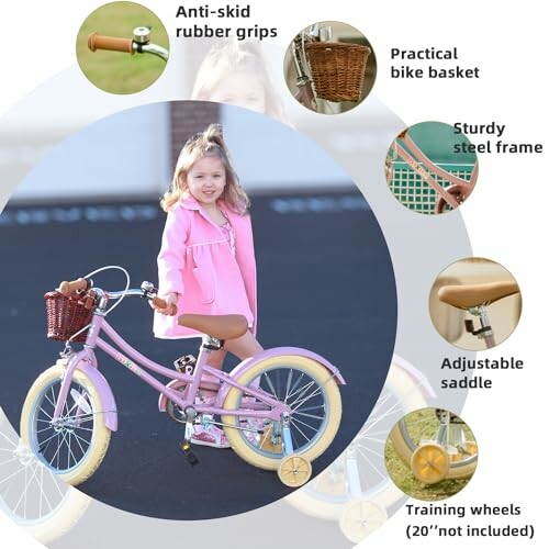 Girl with pink bike showcasing features like anti-skid grips and adjustable saddle.