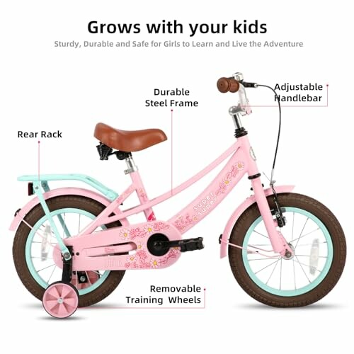 Image of a pink kids bike with training wheels and adjustable handlebar