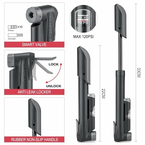 Compact portable bike pump with smart valve and anti-leak locker, showing dimensions and features