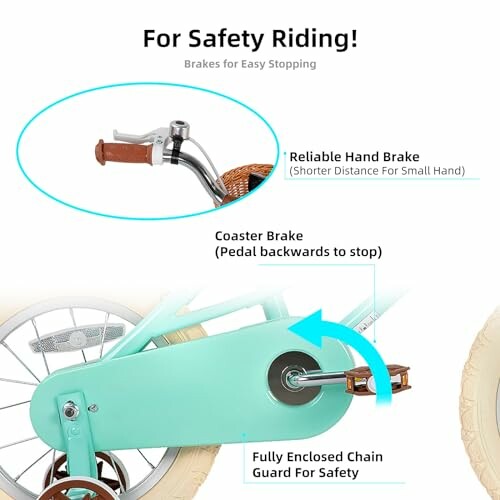 Bicycle safety features including hand brake and chain guard.