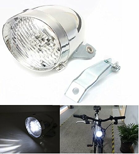 Vintage-style bicycle headlight with mounting bracket, shown lit on a bike.