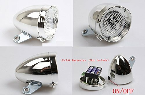 Vintage-style chrome bicycle headlight showing multiple angles and battery compartment.