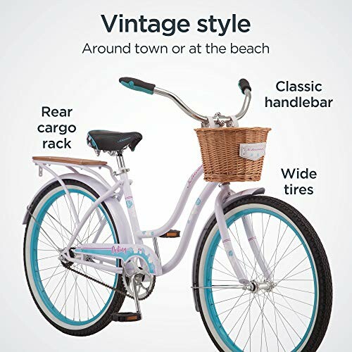 Vintage style bicycle with rear cargo rack, classic handlebar, and wide tires.