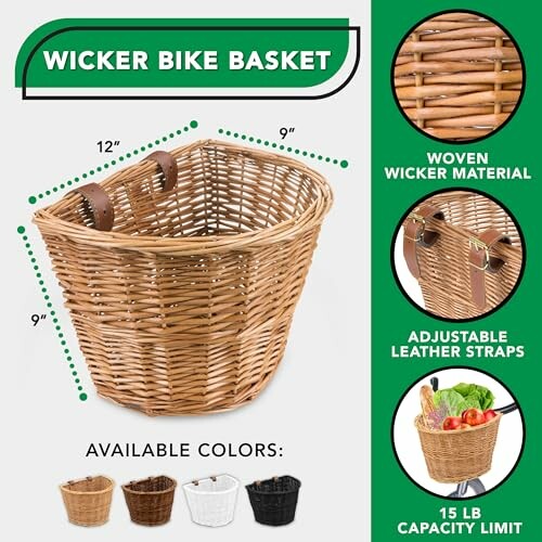 Wicker bike basket with adjustable leather straps and 15 lb capacity.